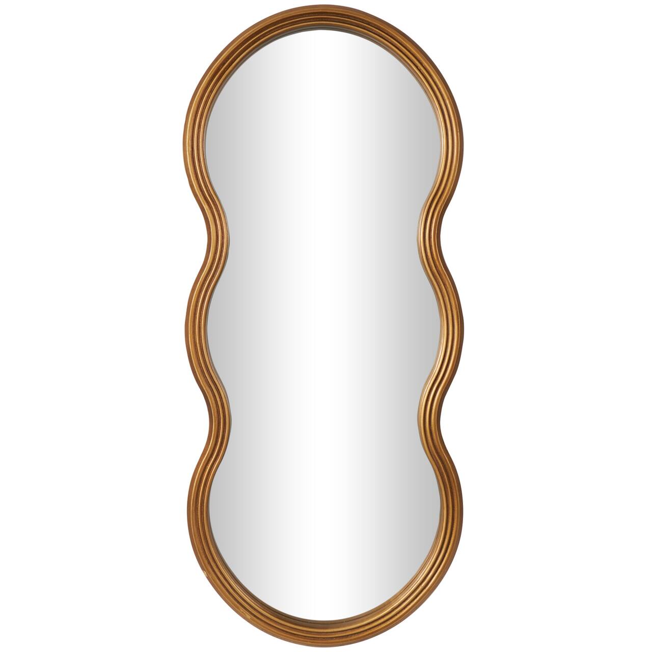 47" Gold Wooden Wavy-Shaped Wall Mirror with Ribbed Frame